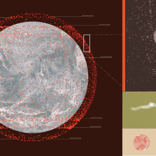 Digital illustration showing a large sphere with red dots and data labels, referencing kessler syndrome, accompanied by close-up insets and smaller circular and linear patterns on the right side.