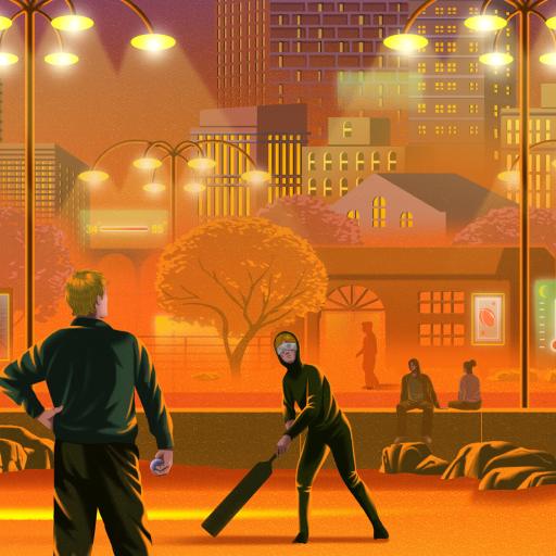 A group of people stands and plays cricket in an urban park at dusk, with city buildings, trees, and illuminated streetlights in the background.