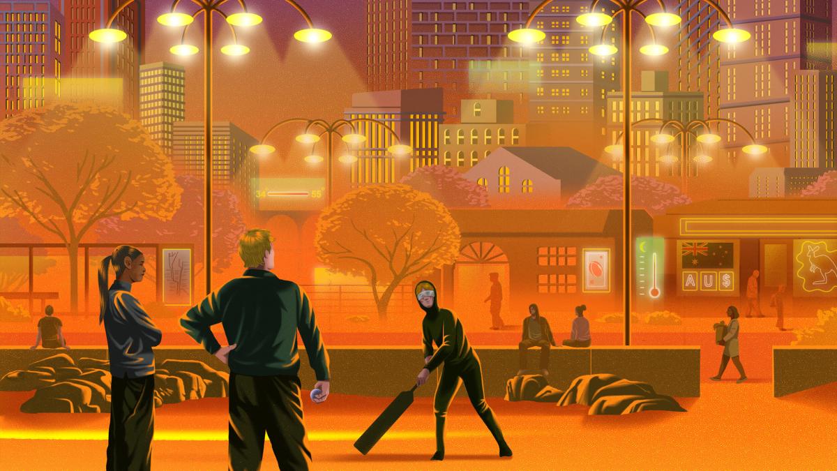 A group of people stands and plays cricket in an urban park at dusk, with city buildings, trees, and illuminated streetlights in the background.