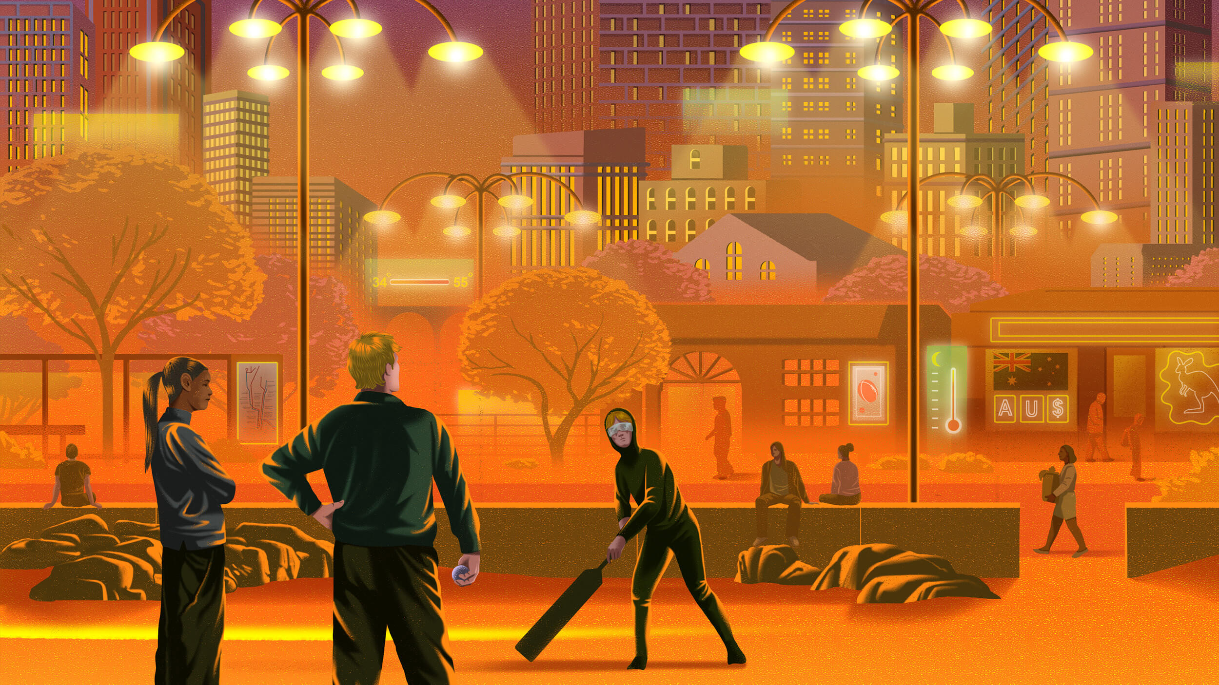 A group of people stands and plays cricket in an urban park at dusk, with city buildings, trees, and illuminated streetlights in the background.