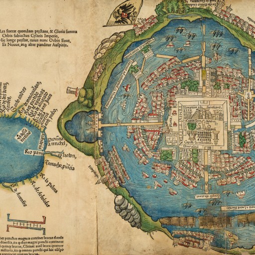Historic map illustration of the city of Tenochtitlan, surrounded by water, with labeled features and detailed buildings, from the early colonial period in Mexico.
