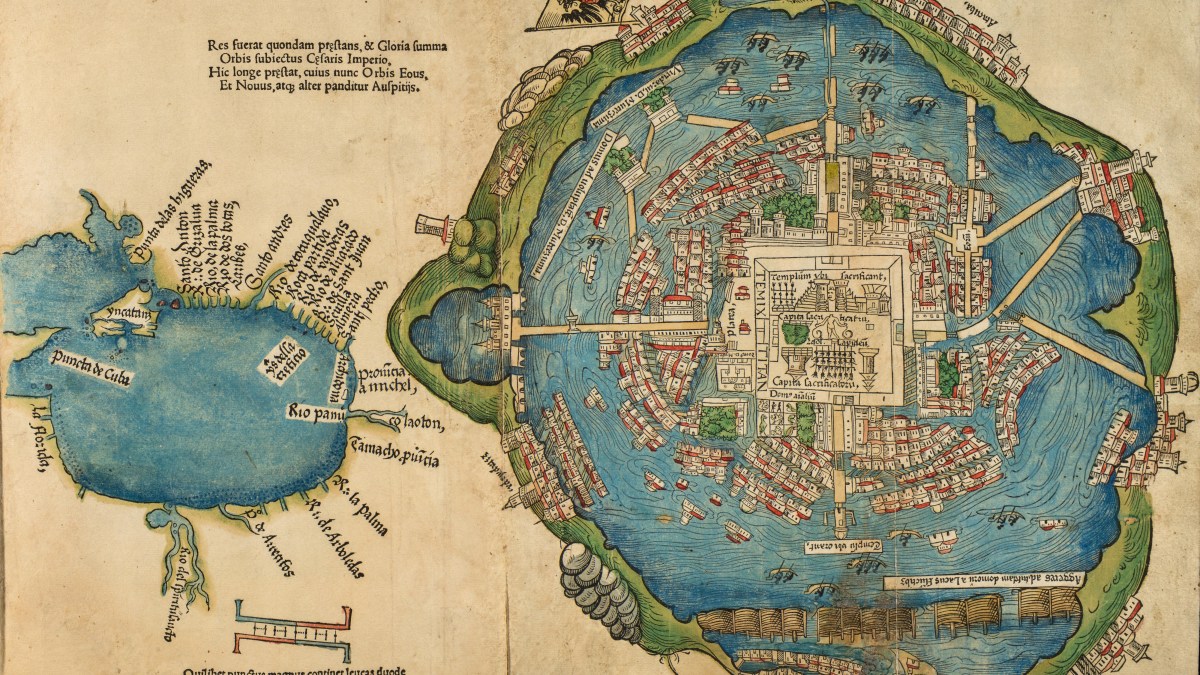 Historic map illustration of the city of Tenochtitlan, surrounded by water, with labeled features and detailed buildings, from the early colonial period in Mexico.