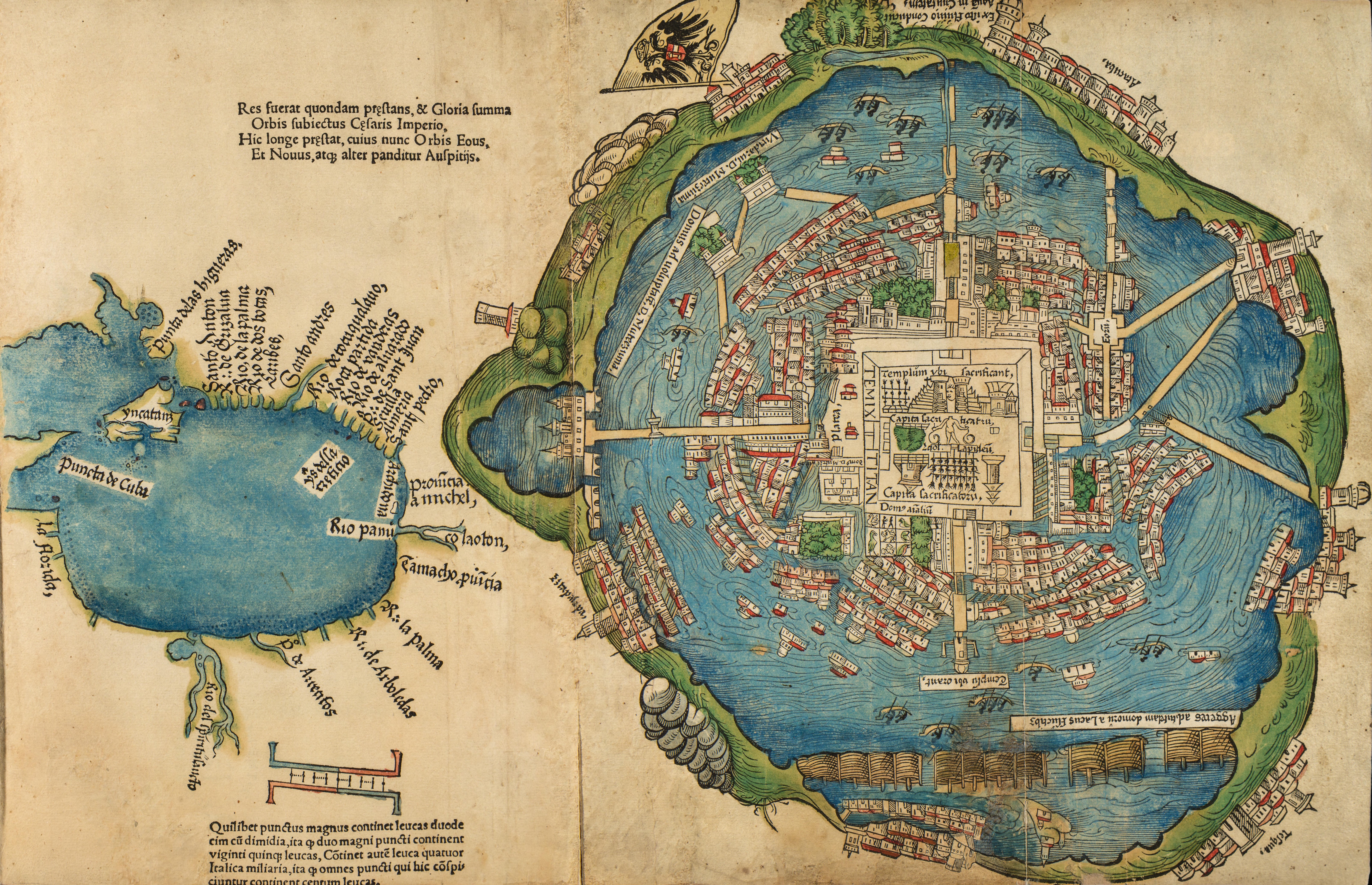 Historic map illustration of the city of Tenochtitlan, surrounded by water, with labeled features and detailed buildings, from the early colonial period in Mexico.