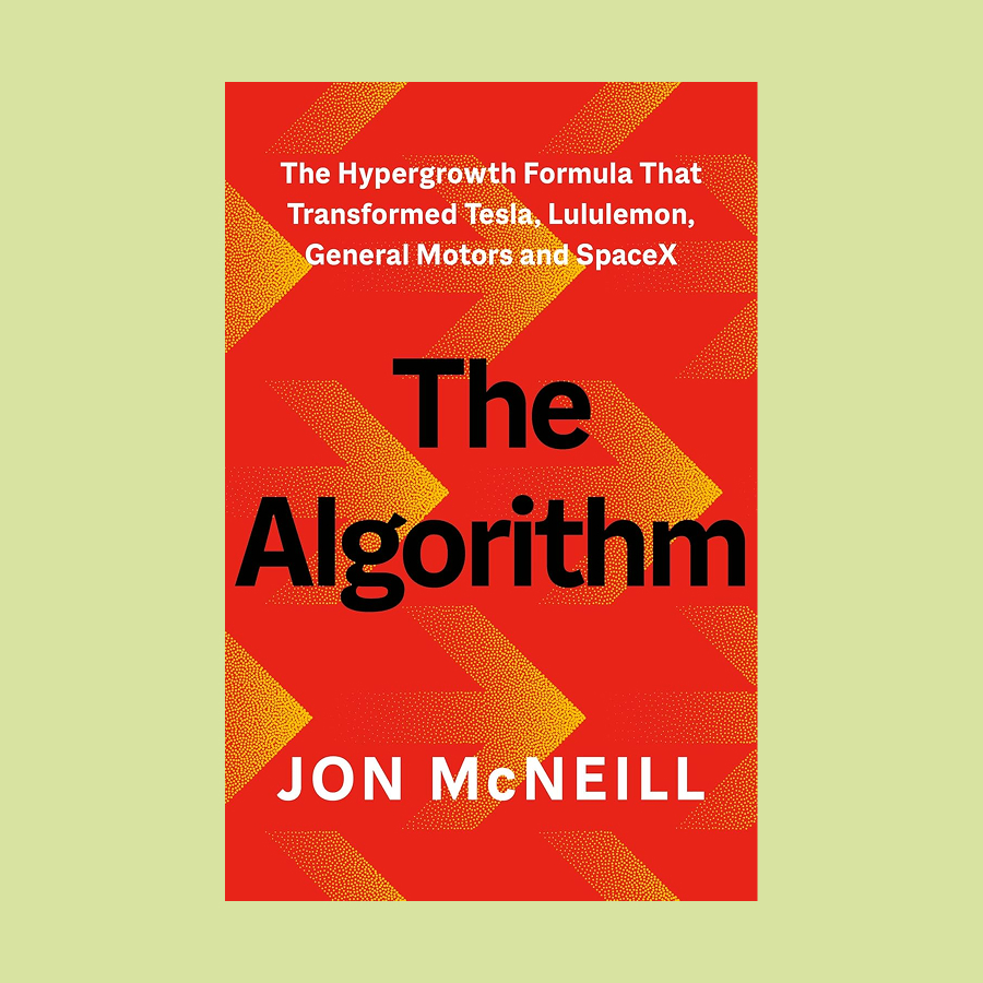 Book cover of "The Algorithm" by Jon McNeill, featuring a bold red background with yellow patterns that evoke the complexity of the algorithm, along with striking white and black text.