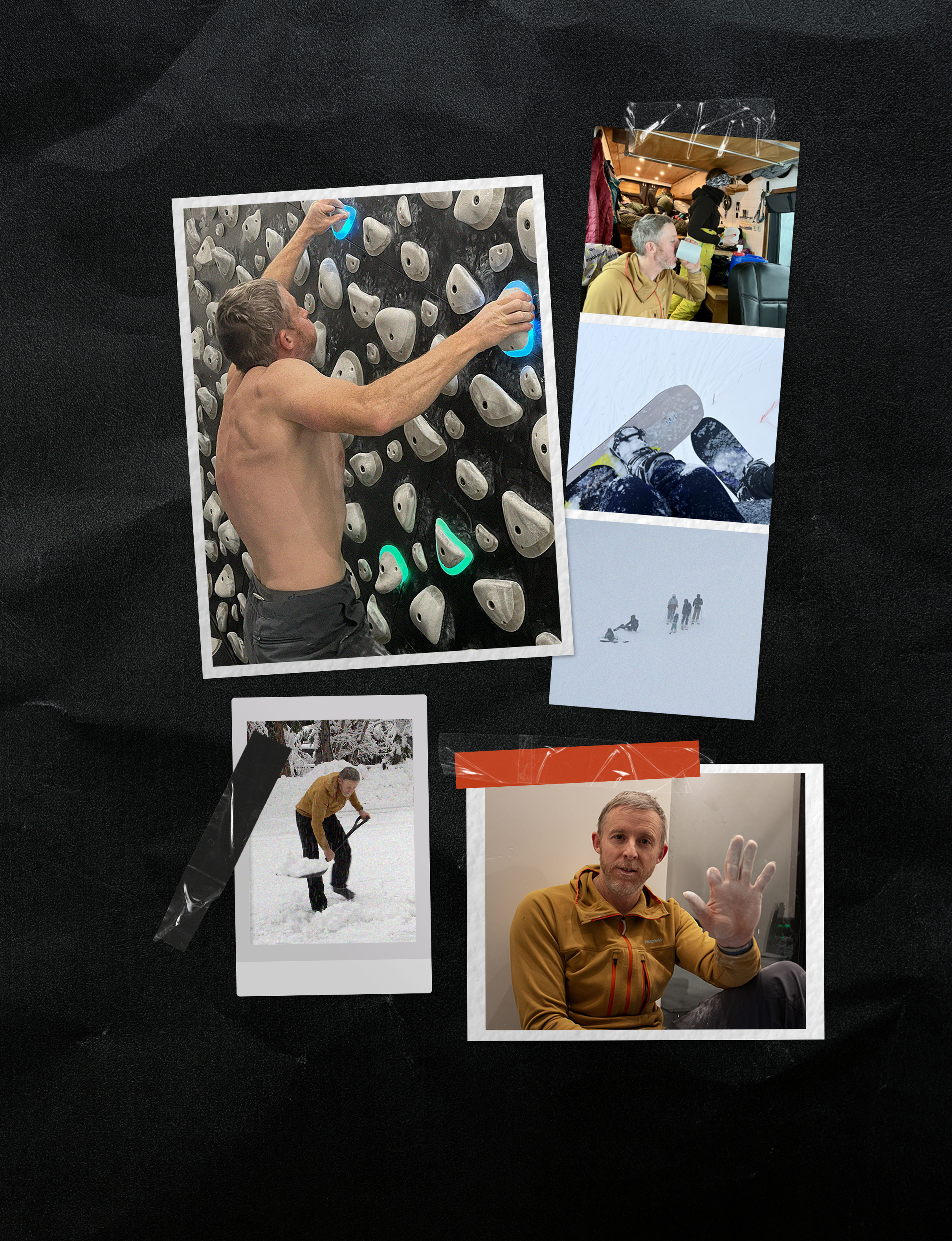A man, inspired by Tommy Caldwell, climbs an indoor bouldering wall, eats and travels on a bus, treks in snow, and shows his chalked hand&mdash;all captured in separate photos on a black background.