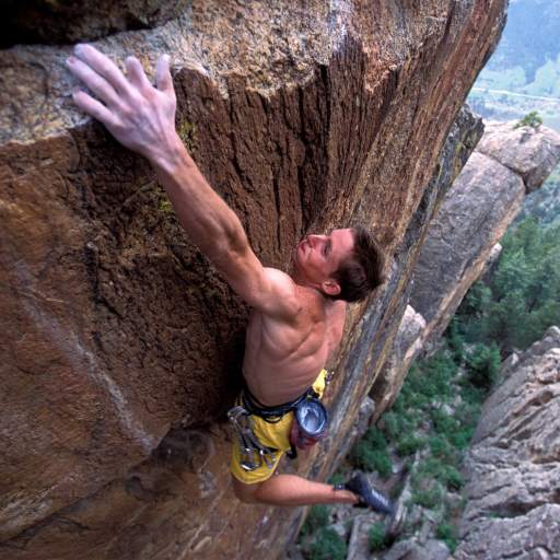 A shirtless man, resembling Tommy Caldwell, climbs a steep rock face high above the ground, reaching for a hold with one hand and gripping the rock with the other; trees and a valley stretch out below.