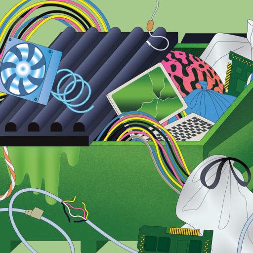 Illustration of a dumpster filled with discarded electronics, cables, and a cracked laptop—clear evidence of planned obsolescence—with computer components, trash bags, wires spilling out, and a detached eyeball above.