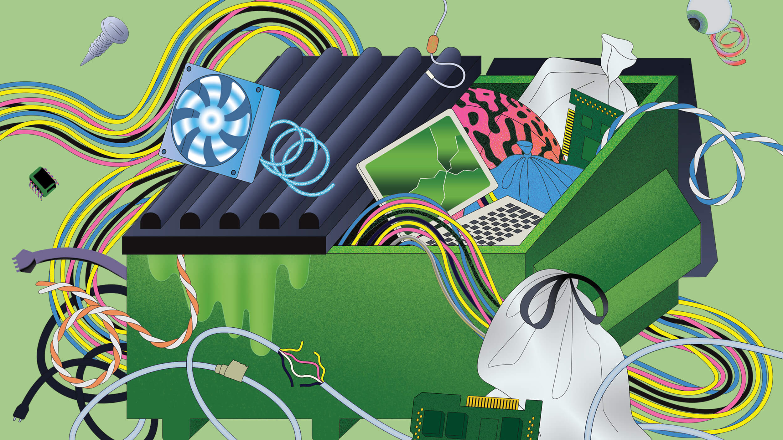Illustration of a dumpster filled with discarded electronics, cables, and a cracked laptop—clear evidence of planned obsolescence—with computer components, trash bags, wires spilling out, and a detached eyeball above.