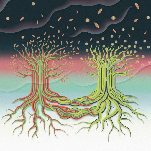 Two stylized trees with intertwined roots and branches stand against a gradient background, symbolizing resilience, with floating leaves above them and abstract dark clouds overhead.