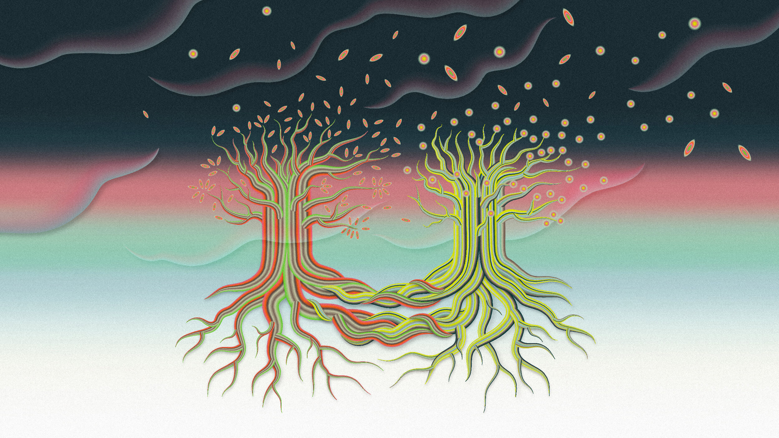 Two stylized trees with intertwined roots and branches stand against a gradient background, symbolizing resilience, with floating leaves above them and abstract dark clouds overhead.