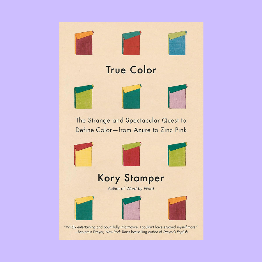 Book cover of "True Color" by Kory Stamper, featuring illustrations of twelve colored book spines—echoing the era of the dye famine—arranged in a grid on a beige background.