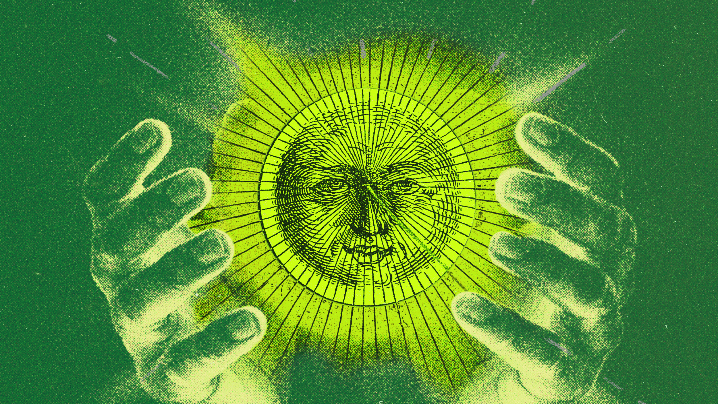 Two hands surround a glowing, illustrated sun with a human face, against a green background with radiating lines.