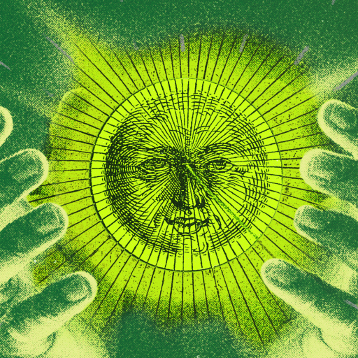 Two hands surround a glowing, illustrated sun with a human face, against a green background with radiating lines.