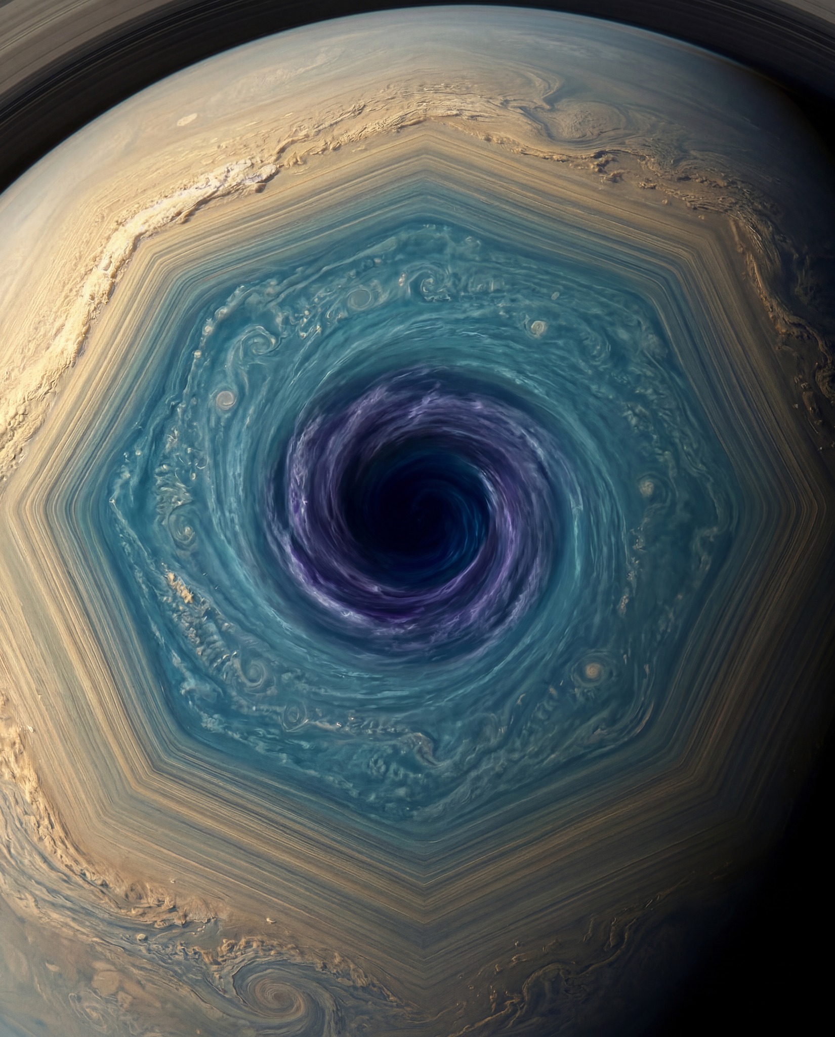 A swirling vortex with hexagonal patterns appears at a planet&rsquo;s pole, showing swirling clouds in shades of blue and beige.