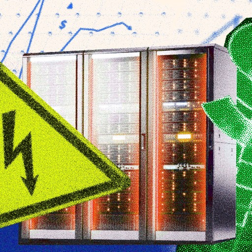 Illustration of server racks, a yellow high voltage warning sign, a green dollar symbol, and faint graphs in the background.