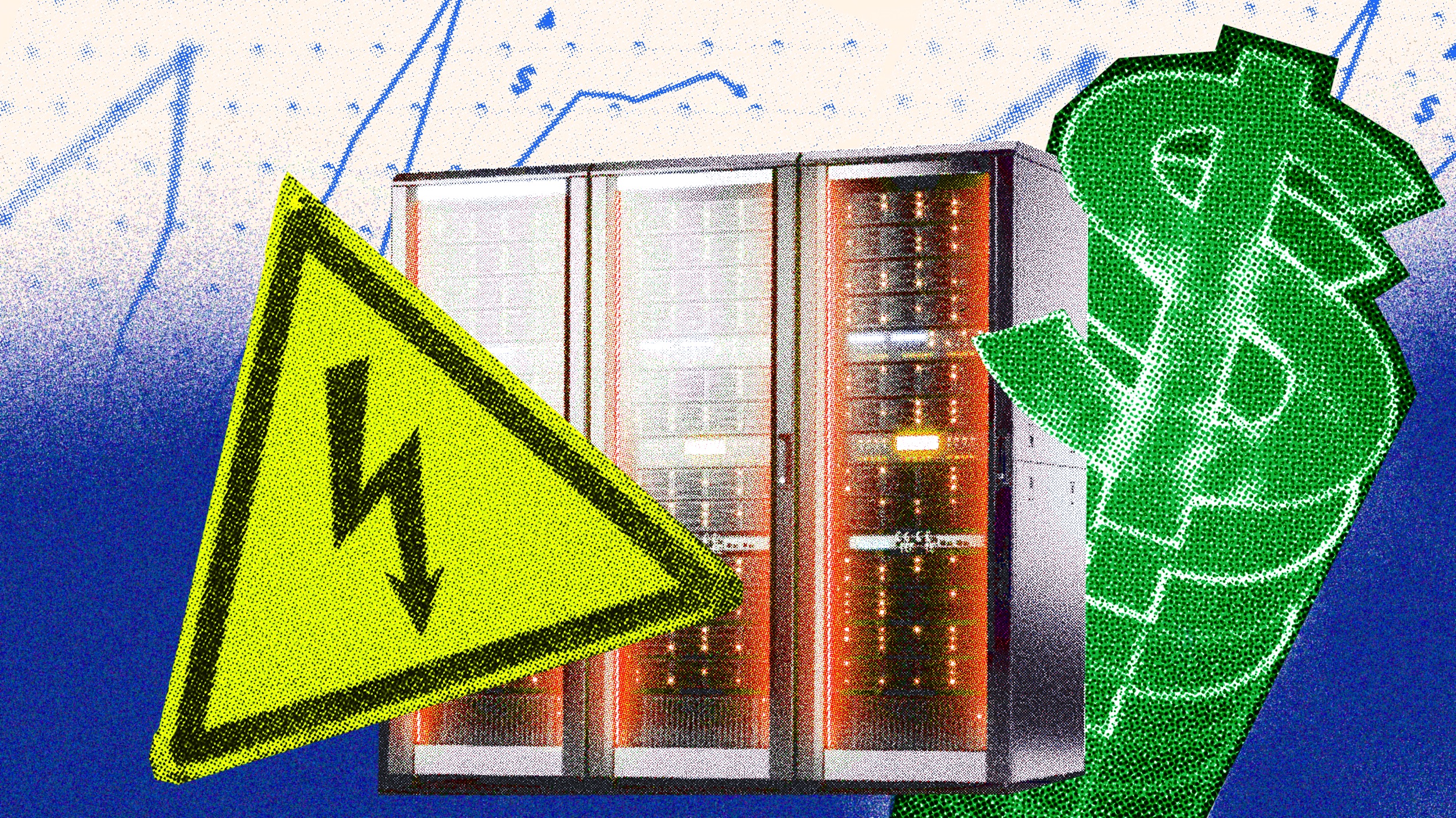 Illustration of server racks, a yellow high voltage warning sign, a green dollar symbol, and faint graphs in the background.