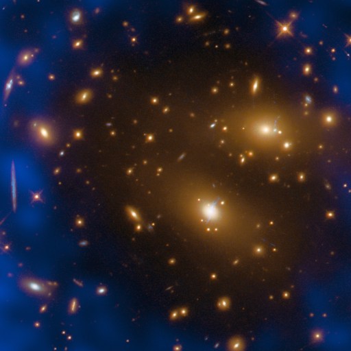 Image of a galaxy cluster with bright yellow galaxies at the center, surrounded by blue regions representing dark matter in deep space—a striking view often used for dark matter cosmic test MOND studies.