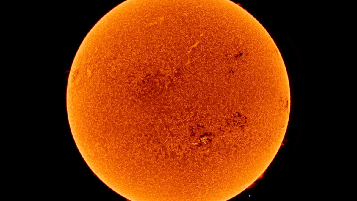 A detailed orange image of the Sun shows its surface texture and sunspots, against a black background.