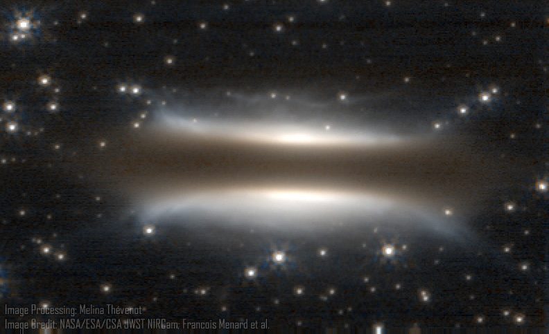 A distorted galaxy with two bright, horizontal bands and scattered stars, seen against a dark background. Image credit: NASA/ESA/CSA.