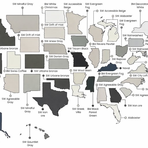 A map of the United States showing the most popular paint color in each state, with names of various gray, blue, and neutral shades labeled over the corresponding states.