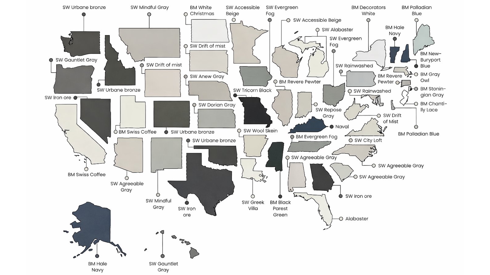 A map of the United States showing the most popular paint color in each state, with names of various gray, blue, and neutral shades labeled over the corresponding states.