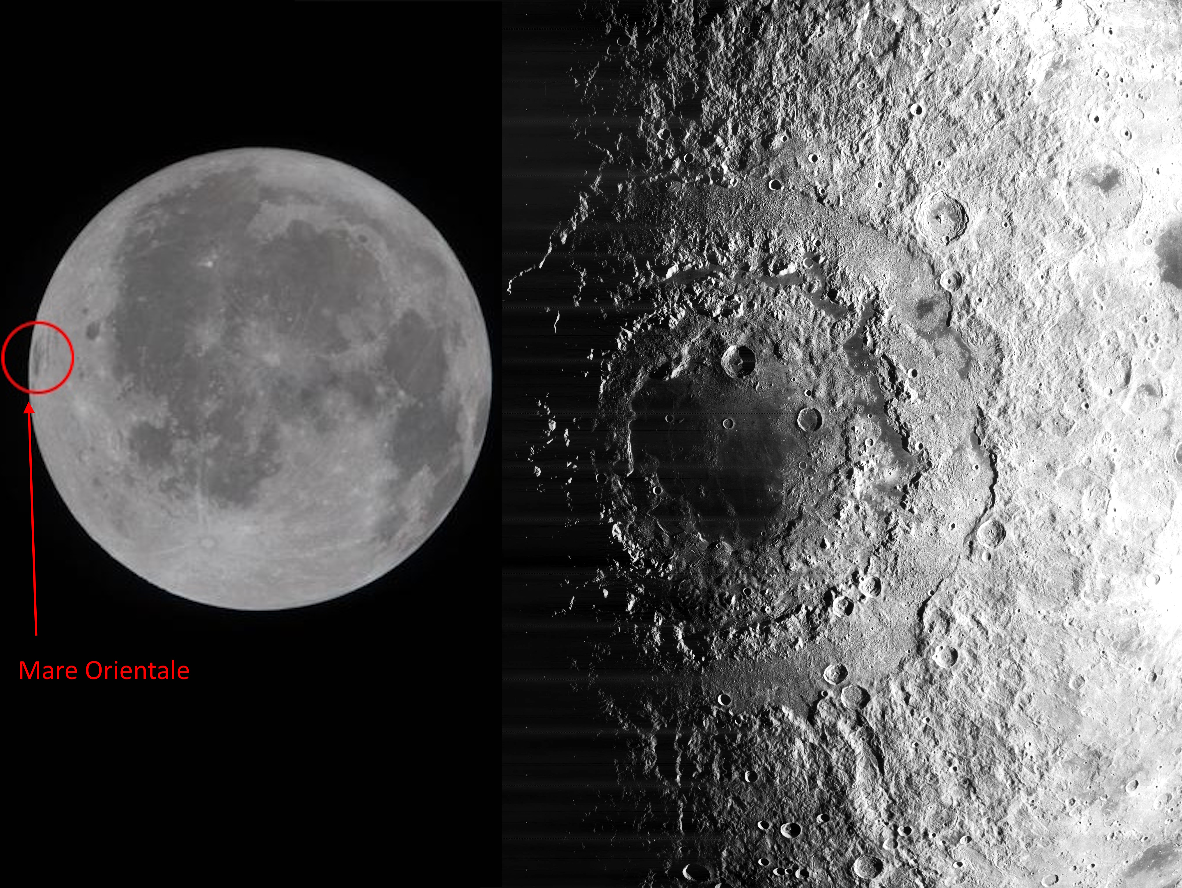 Side-by-side images: left shows the full Moon with Mare Orientale marked, offering a view Earth-bound Artemis II astronauts will see; right presents a detailed close-up of Mare Orientale's circular basin and ridges.