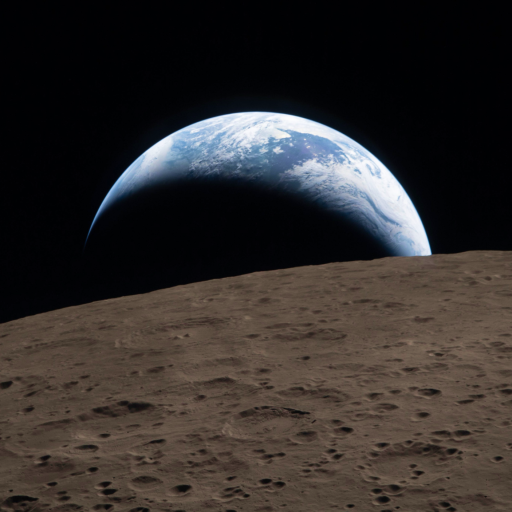 Earth rises above the horizon of the Moon, with the lunar surface in the foreground and space in the background.