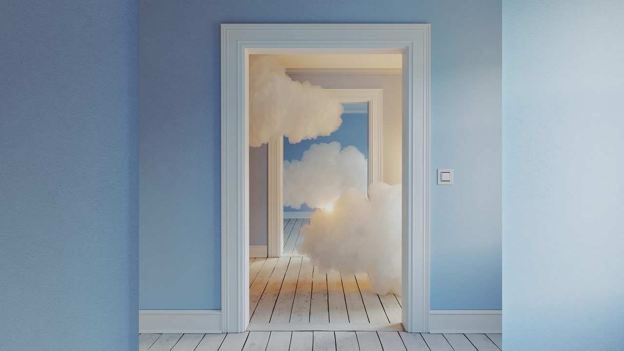 A blue-walled hallway with white trim features several doorways in a row, with large fluffy clouds filling the rooms beyond.