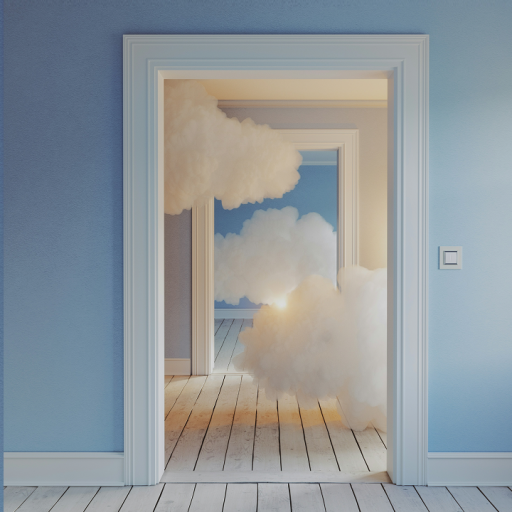 A blue-walled hallway with white trim features several doorways in a row, with large fluffy clouds filling the rooms beyond.