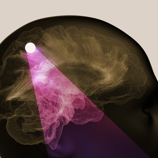 A digital illustration of a human head in profile showing a highlighted section of the brain with a bright light beam focused on a specific point inside the brain.