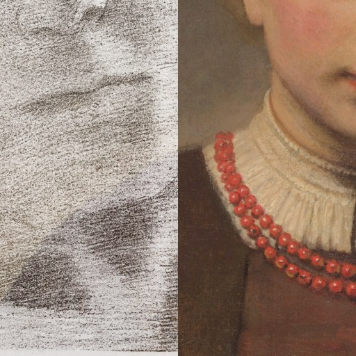 Split image: left side shows a pencil sketch of a person's lower face, while the right reveals a painted portrait's lower face and neck with a red beaded necklace and ruffled collar—capturing hints of why we talk funny.