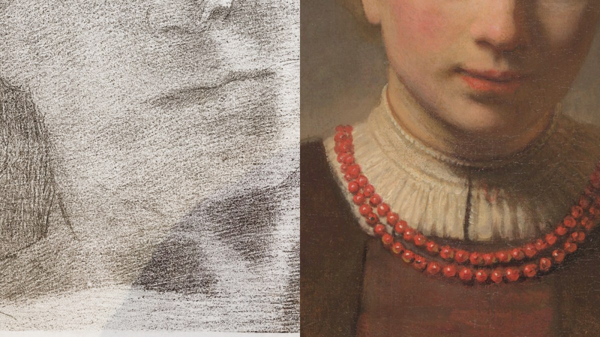 Split image: left side shows a pencil sketch of a person's lower face, while the right reveals a painted portrait's lower face and neck with a red beaded necklace and ruffled collar—capturing hints of why we talk funny.