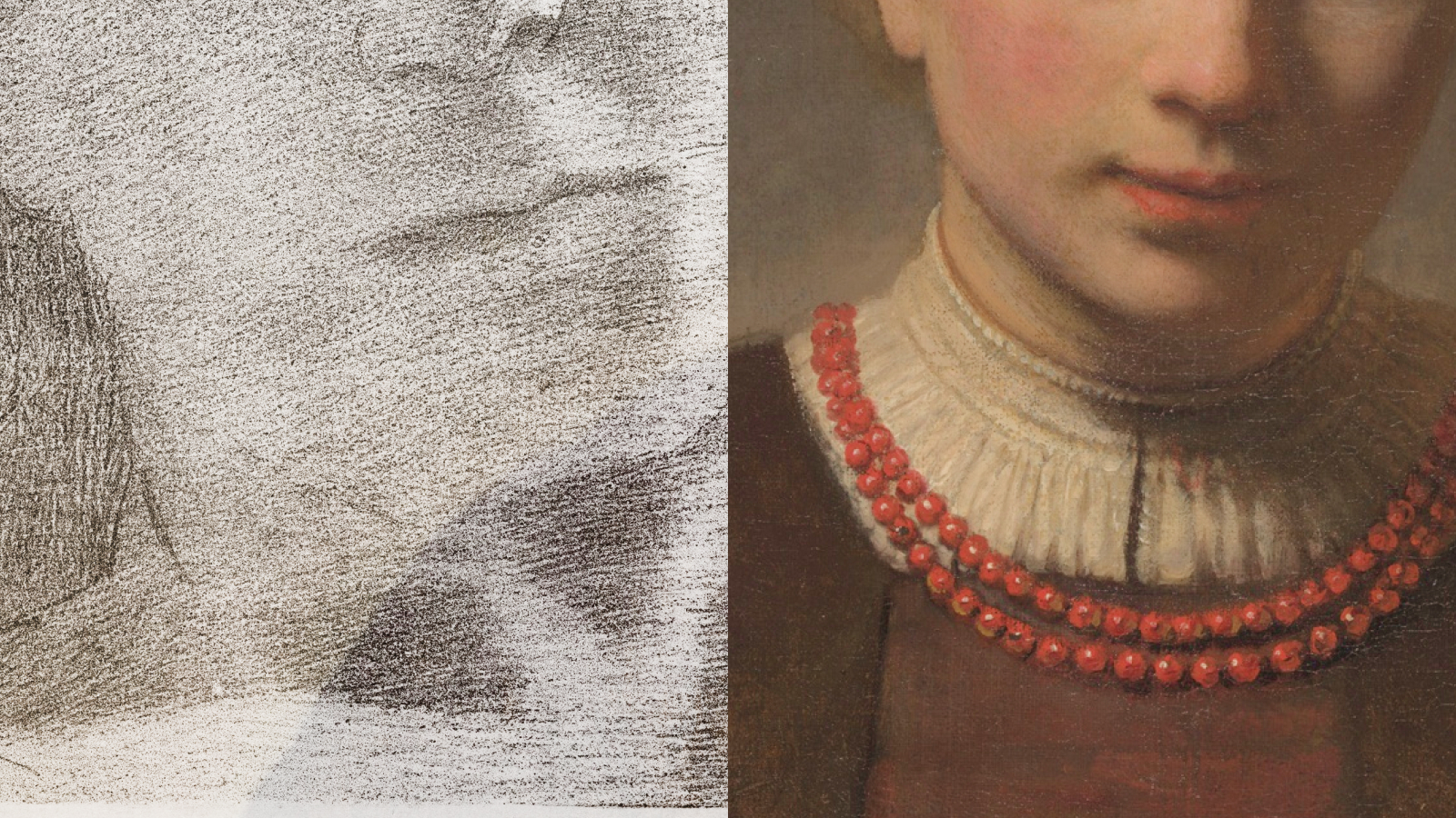 Split image: left side shows a pencil sketch of a person's lower face, while the right reveals a painted portrait's lower face and neck with a red beaded necklace and ruffled collar—capturing hints of why we talk funny.