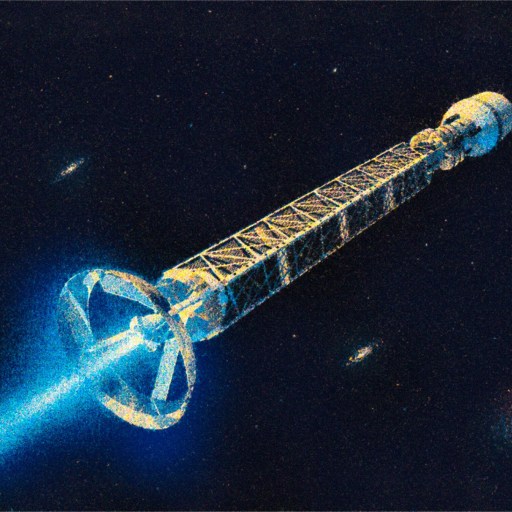 Antimatter rocket with a glowing blue exhaust travels through deep space, showcasing the marvels of interstellar travel amid distant galaxies and stars.