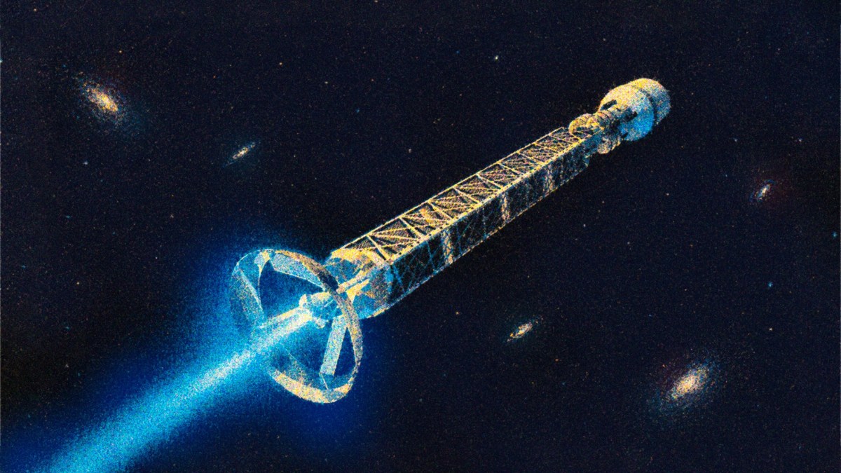 Antimatter rocket with a glowing blue exhaust travels through deep space, showcasing the marvels of interstellar travel amid distant galaxies and stars.
