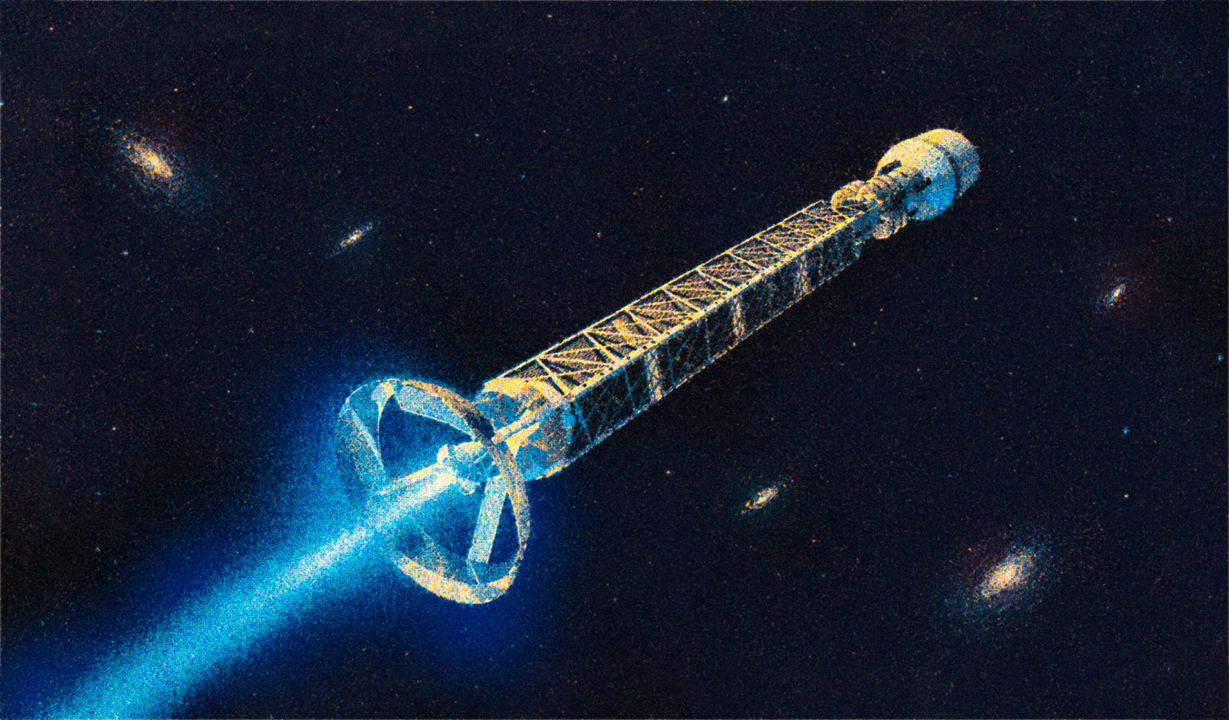 Antimatter rocket with a glowing blue exhaust travels through deep space, showcasing the marvels of interstellar travel amid distant galaxies and stars.