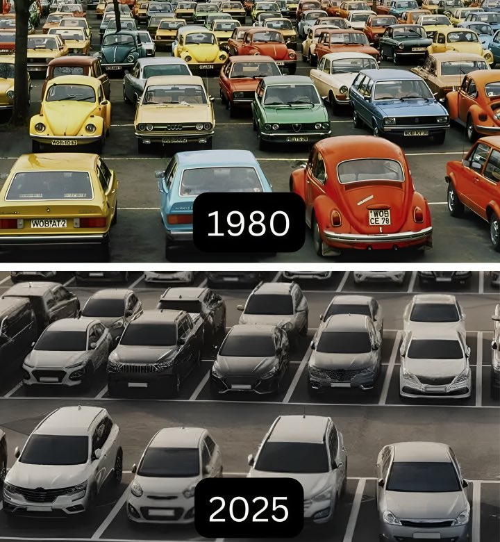 A comparison of parked cars: colorful, older models in 1980 on top, and modern, mostly gray cars in 2025 on the bottom.