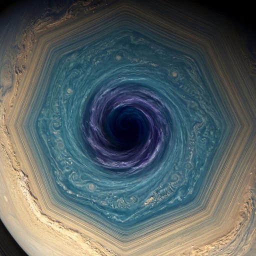 A hexagonal storm formation with a dark central vortex on a planet’s surface, showing swirling blue and tan cloud patterns.