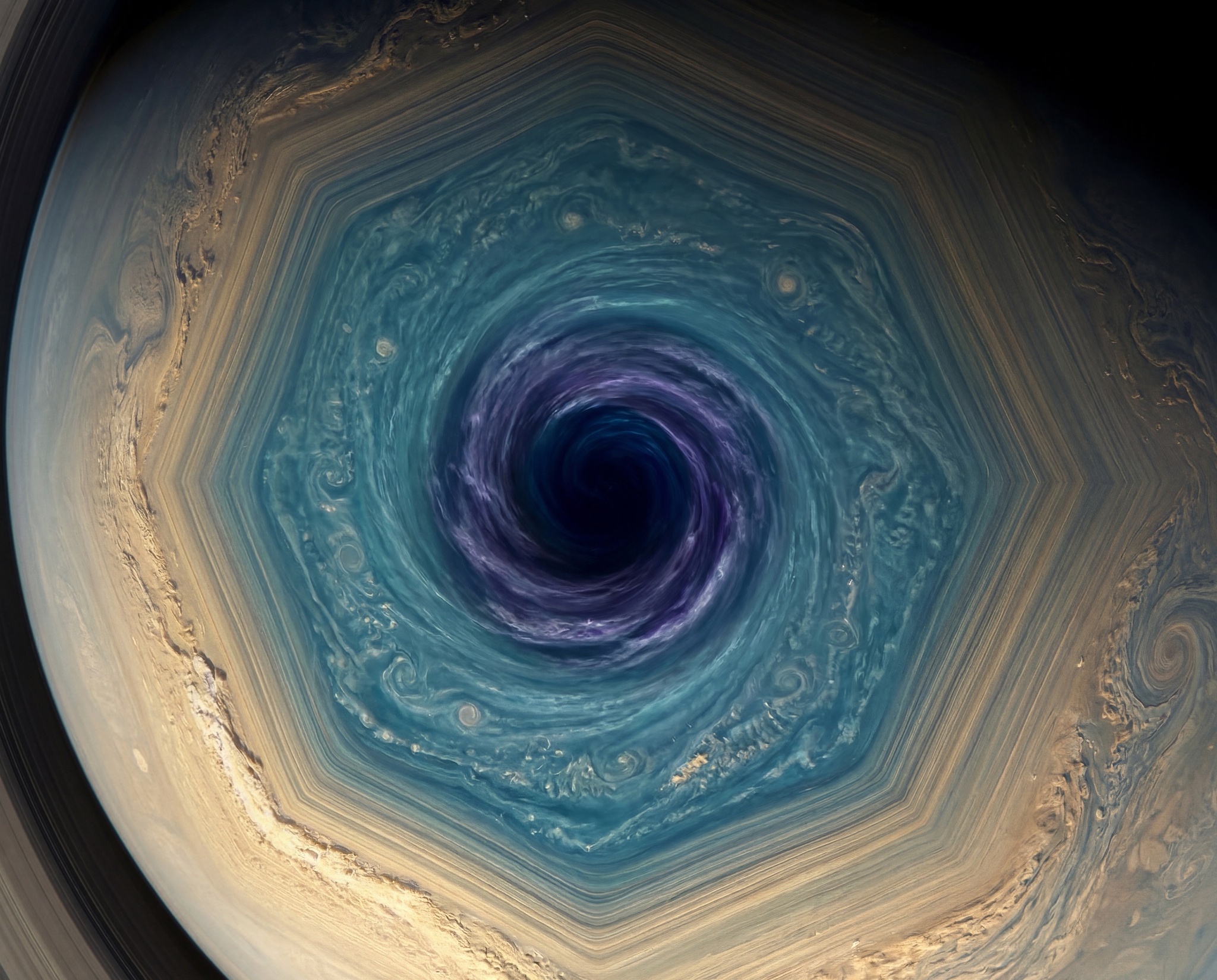 A hexagonal storm formation with a dark central vortex on a planet’s surface, showing swirling blue and tan cloud patterns.
