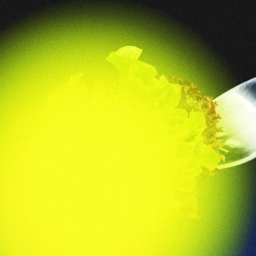 A fork holds a piece of lettuce, partially obscured by a bright yellow glow against a dark background.