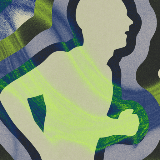 Abstract illustration of a person running, shown in silhouette with layered, wavy bands of green, blue, black, and yellow in the background.