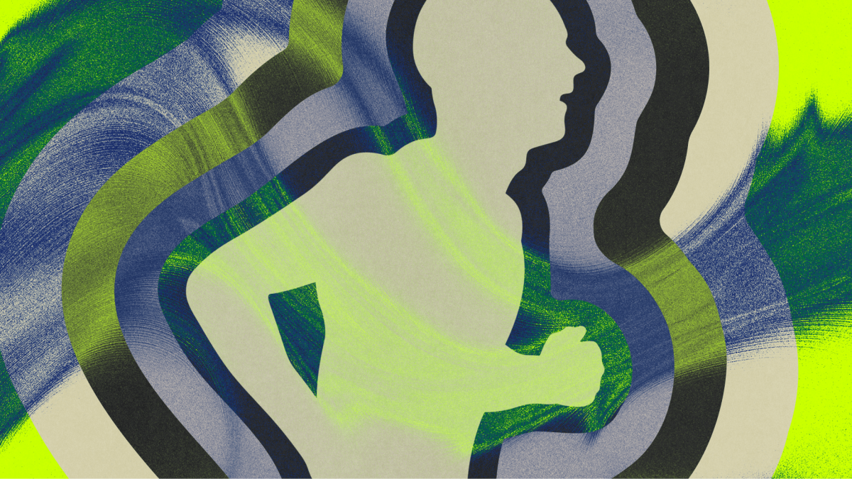 Abstract illustration of a person running, shown in silhouette with layered, wavy bands of green, blue, black, and yellow in the background.