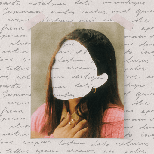 A photo of a woman with her face blanked out is taped to a background filled with handwritten writing. She wears a pink top and gold hoop earring, her hand resting near her collarbone.