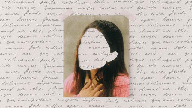 A photo of a woman with her face blanked out is taped to a background filled with handwritten writing. She wears a pink top and gold hoop earring, her hand resting near her collarbone.