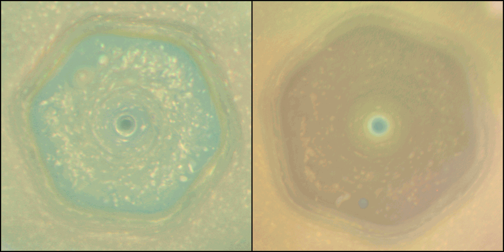 Side-by-side view of Saturn&rsquo;s north pole showing its hexagonal storm, with the left image appearing brighter and clearer than the right.