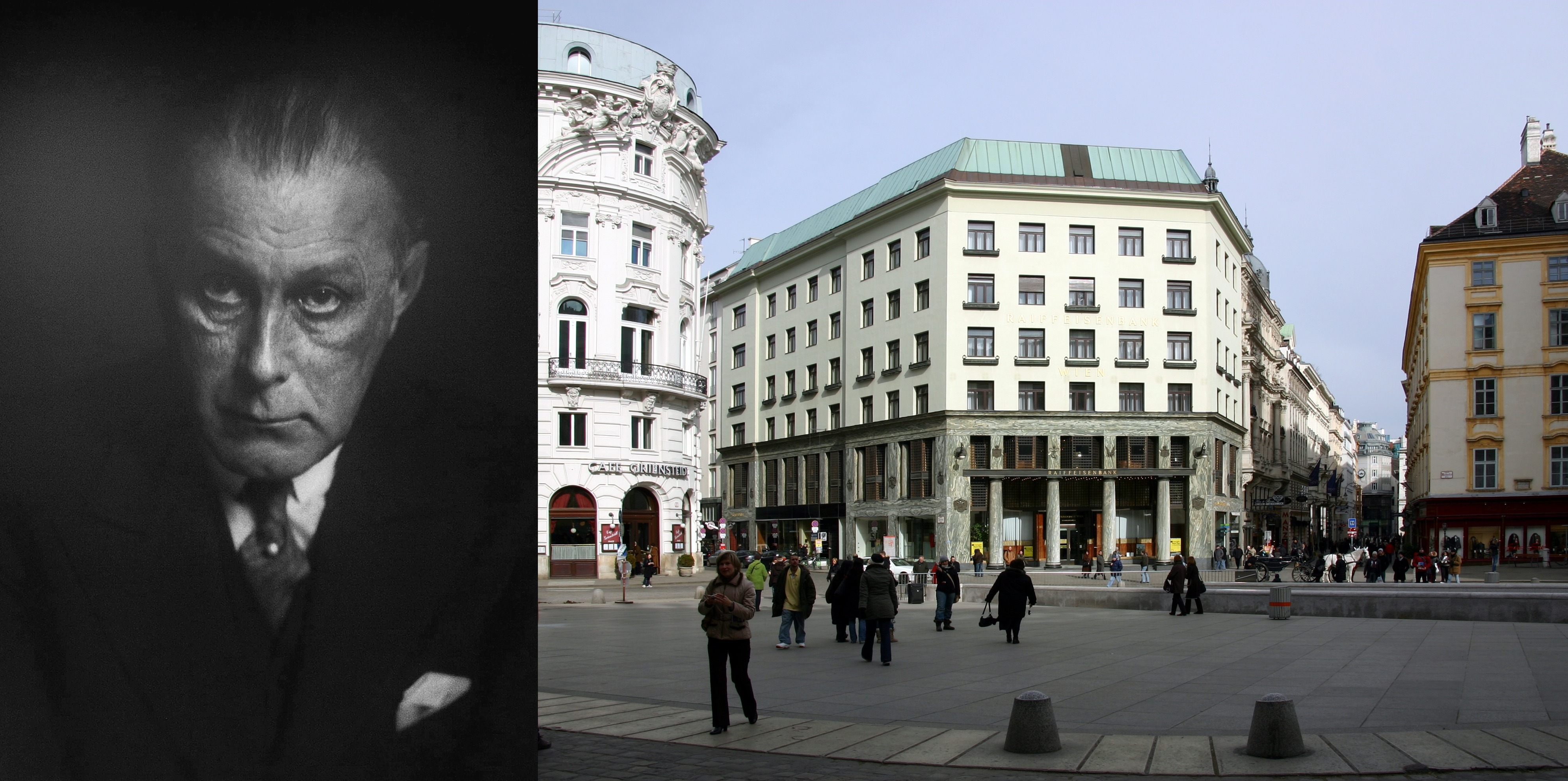 A black-and-white portrait of a stern-looking man is paired with a modern city square featuring a large, white building and people walking.