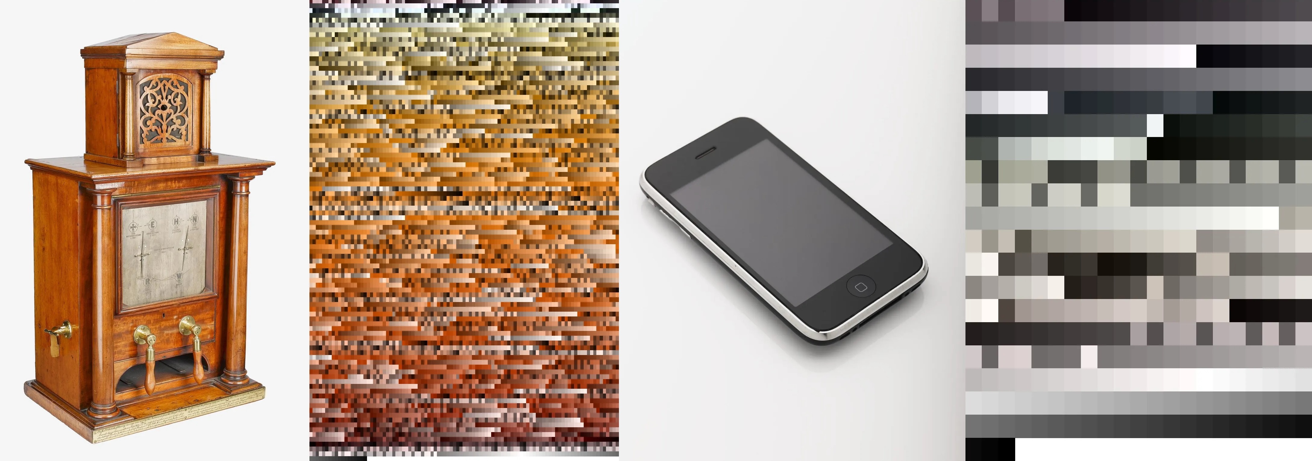 Four vertical panels show an antique radio, a pixelated abstract pattern, a smartphone, and another blurred grayscale pattern.
