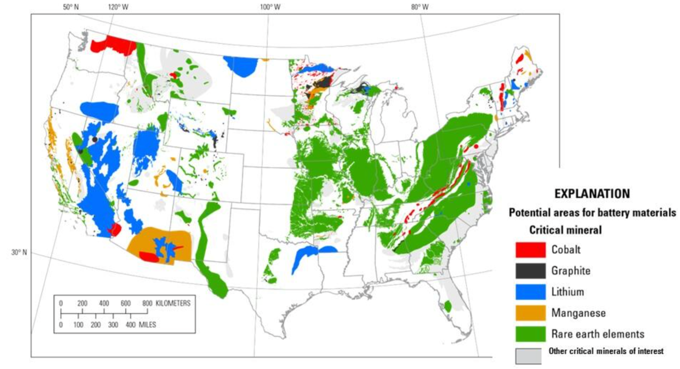 Map of the United States showing regions with potential battery material sources: cobalt, graphite, lithium, manganese, rare earth elements, and other critical minerals, color-coded by type.