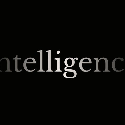 The word "intelligence" in gray lowercase letters on a black background, with a subtle spotlight effect highlighting the center of the text, inspired by Frames of Mind.