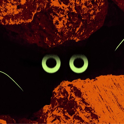 Two glowing eyes peer out from a dark hole surrounded by rough, textured orange rocks with green lines.